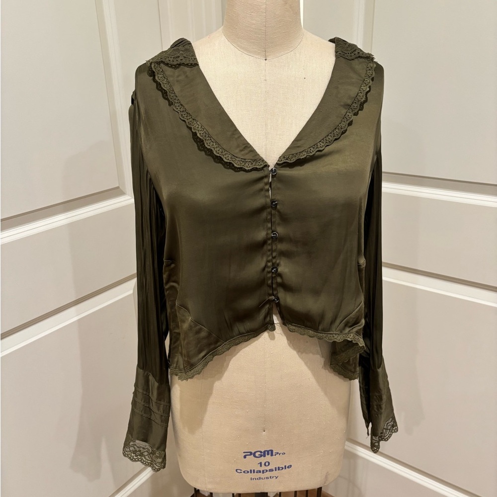 Free People Green Ruffled Sailor Collar Blouse